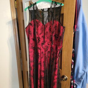Voodoo Vixen XL Red and Floral Overlay Swing Dress with Tie Neck